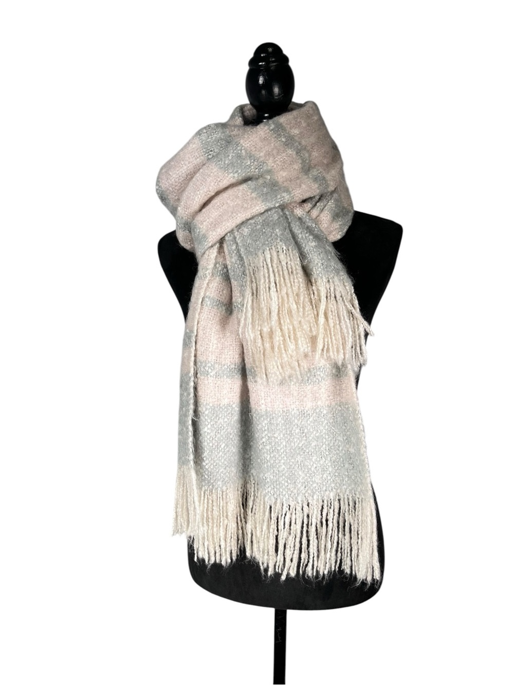 Pink Gray Blanket Scarf Soft Fringe Women's Plaid Thick Wrap Oversized Chunky